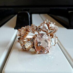 Bridal Set - Morganite and Diamond Cluster Rings, 14K Rose Gold, Luna Skye